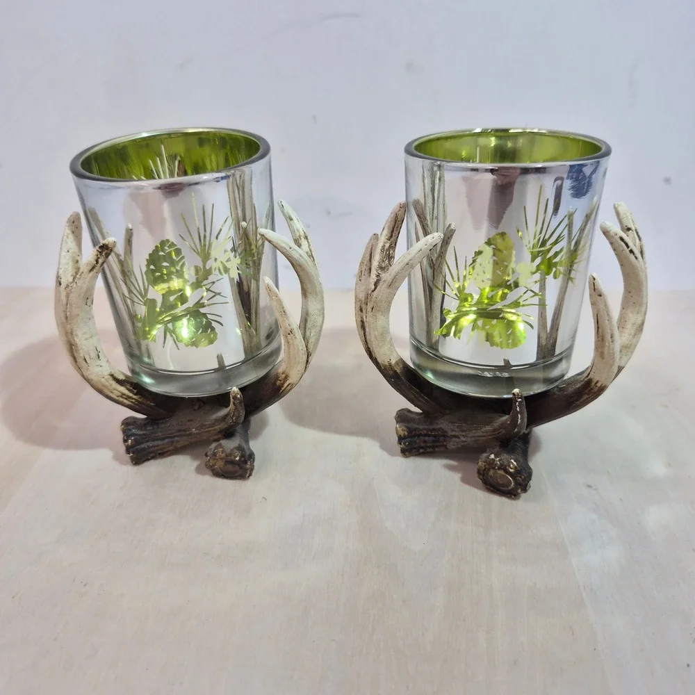 Rustic Faux Antler Votive Candle Holder Set 2 Mercury Glass Green Silver